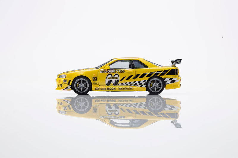 Load image into Gallery viewer, NISSAN SKYLINE GT-R (R34) MOONEYES 2 WITH LED 2026  + MOTN LED BASE SYSTEM BLACK 2025 KYOSHO 1:64
