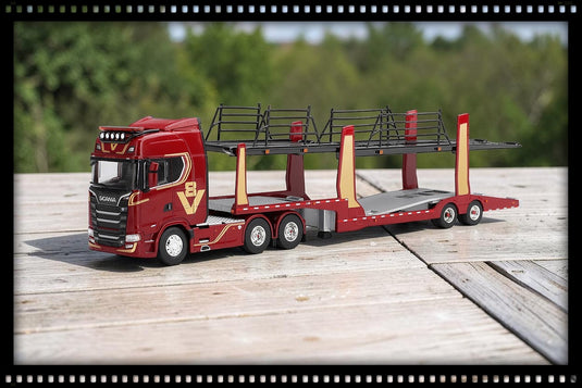 SCANIA 770S A6X4NA CAMION PORTE-VOITURES V8 50E ANNIVERSAIRE + PORTE-VOITURES ROUGE