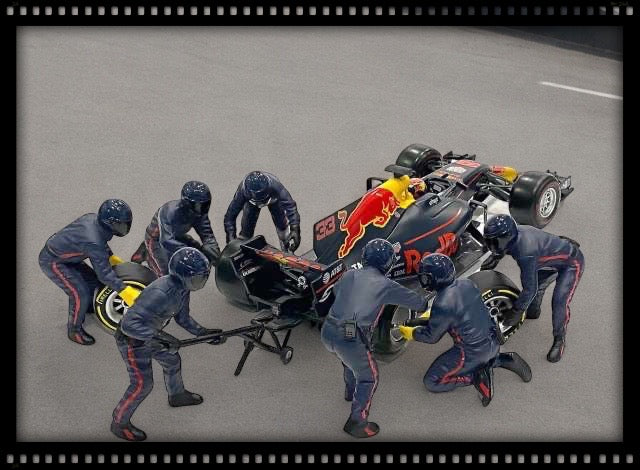 Load image into Gallery viewer, F1 Pit Crew Figures set #2, Team Blue-Purple 7 figures. (Car not included) AMERICAN DIORAMA 1:18
