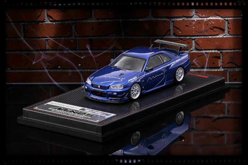 Chargez l'image dans la visionneuse de la galerie, NISSAN SKYLINE GT-R MINE'S (R34) BLEU IGNITION MODEL 1:64
