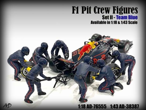 Load image into Gallery viewer, F1 Pit Crew Figures set #2, Team Blue-Purple 7 figures. (Car not included) AMERICAN DIORAMA 1:18
