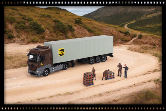 MERCEDES-BENZ ACTROS WITH 40 FT CONTAINER "UPS EUROPE" + FIGURINE: UPS DRIVER AND WORKERS MINI GT 1:64