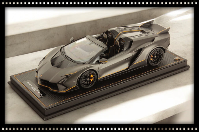 LAMBORGHINI AUTÉNTICA GRAY/YELLOW with display case & leather base (LIMITED EDITION 399 pieces) MR COLLECTION MODELS 1:18