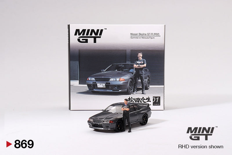 Chargez l'image dans la visionneuse de la galerie, NISSAN SKYLINE GT-R (R32) NISMO NISMO GUNMETAL AVEC FIGURINE TSUGIO MATSUDA 1992 MINI GT 1:64
