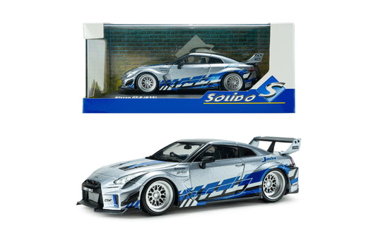 NISSAN GT-R (R35) LIBERTY WALK SILHOUETTE 2020 SILVER AND BLUE STRIPES SOLIDO 1:43