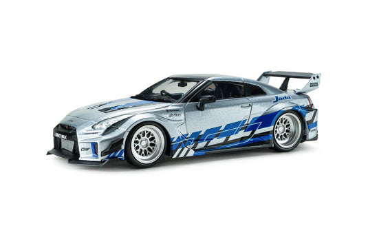NISSAN GT-R (R35) LIBERTY WALK SILHOUETTE 2020 SILVER AND BLUE STRIPES SOLIDO 1:43