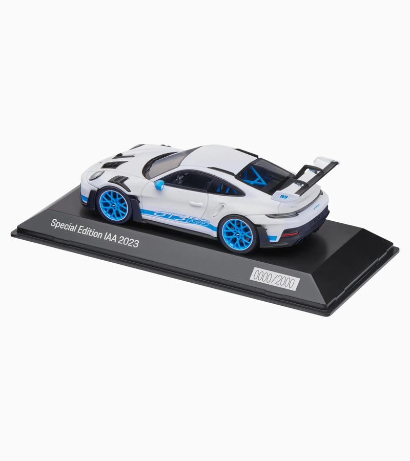 Chargez l'image dans la visionneuse de la galerie, Porsche 911 GT3 RS (992) IAA SPECIAL MODEL 2023 Blanc/Bleu - LIMITED EDITION 1086/2000 pièces - PORSCHE DEALERMODEL 1:43
