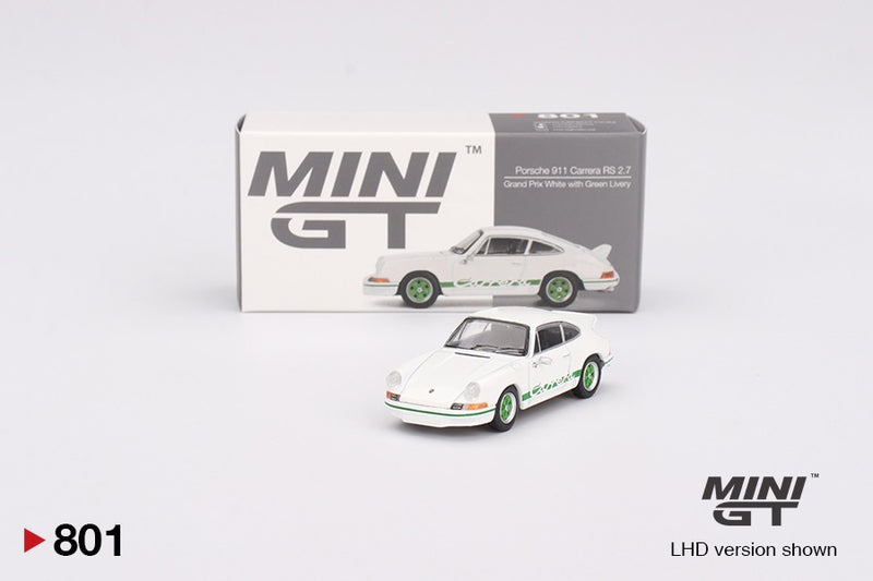 Load image into Gallery viewer, PORSCHE 911 (901) 2,7 CARRERA RS GRAND PRIX WHITE WITH GREEN LIVERY 1973 MINI GT 1:64
