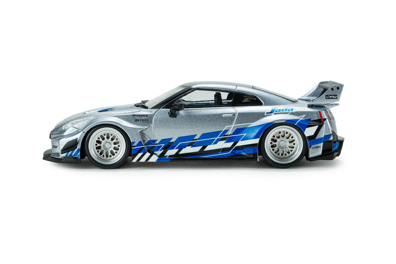 Load image into Gallery viewer, NISSAN GT-R (R35) LIBERTY WALK SILHOUETTE 2020 SILVER AND BLUE STRIPES SOLIDO 1:43
