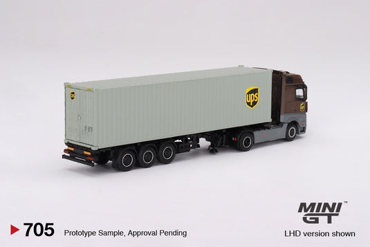 MERCEDES-BENZ ACTROS WITH 40 FT CONTAINER "UPS EUROPE" + FIGURINE: UPS DRIVER AND WORKERS MINI GT 1:64