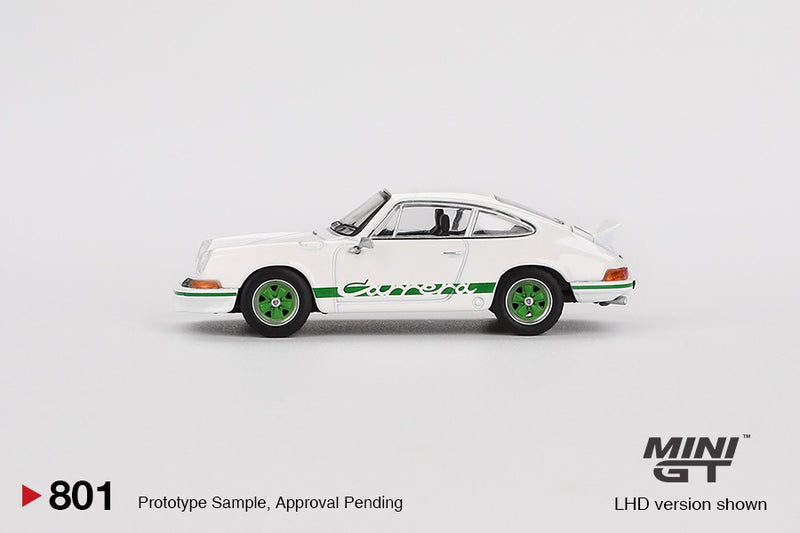 Load image into Gallery viewer, PORSCHE 911 (901) 2,7 CARRERA RS GRAND PRIX WHITE WITH GREEN LIVERY 1973 MINI GT 1:64
