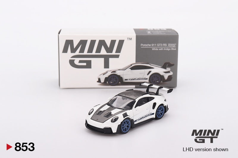 Chargez l'image dans la visionneuse de la galerie, Porsche 911 (992) GT3 RS WEISSACH PACKAGE BLANC AVEC BLEU INDIGO (LHD) MINI GT 1:64
