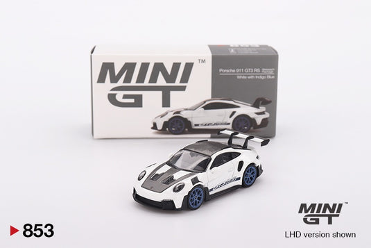 Porsche 911 (992) GT3 RS WEISSACH PACKAGE BLANC AVEC BLEU INDIGO (LHD) MINI GT 1:64
