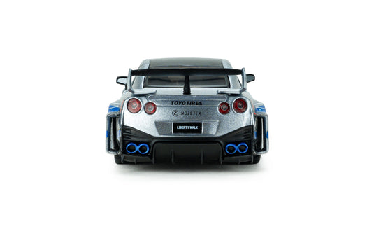 NISSAN GT-R (R35) LIBERTY WALK SILHOUETTE 2020 SILVER AND BLUE STRIPES SOLIDO 1:43