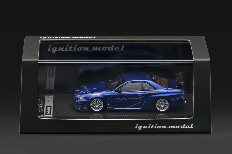 Chargez l'image dans la visionneuse de la galerie, NISSAN SKYLINE GT-R MINE'S (R34) BLEU IGNITION MODEL 1:64
