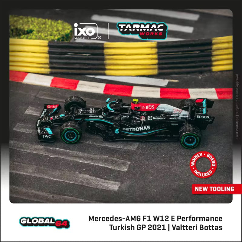 Load image into Gallery viewer, Mercedes Benz AMG F1 W12 E Performance #77 Valtteri Bottas Winner Turkish Grand Prix 2021 TARMAC WORKS 1:64
