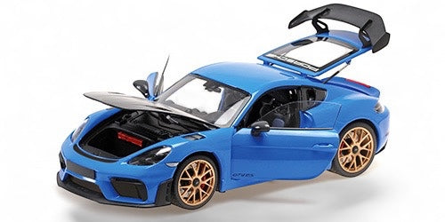 Porsche CAYMAN GT4 RS 2024 BLUE METTALIC GOLD WHEELS WITH WEISSACH PACKAGE MINICHAMPS 1:18