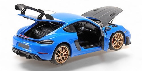 Porsche CAYMAN GT4 RS 2024 BLUE METTALIC GOLD WHEELS WITH WEISSACH PACKAGE MINICHAMPS 1:18
