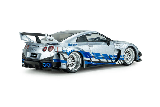 NISSAN GT-R (R35) LIBERTY WALK SILHOUETTE 2020 SILVER AND BLUE STRIPES SOLIDO 1:43