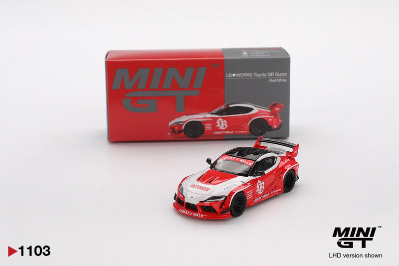 Laad de afbeelding in de Gallery-viewer, TOYOTA GR SUPRA LB-WORKS ROOD/WIT 2025 MINI GT 1:64
