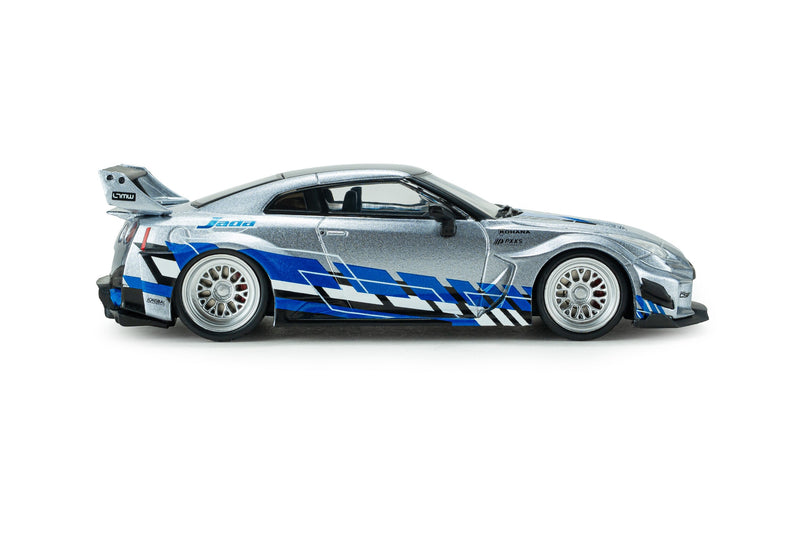 Load image into Gallery viewer, NISSAN GT-R (R35) LIBERTY WALK SILHOUETTE 2020 SILVER AND BLUE STRIPES SOLIDO 1:43
