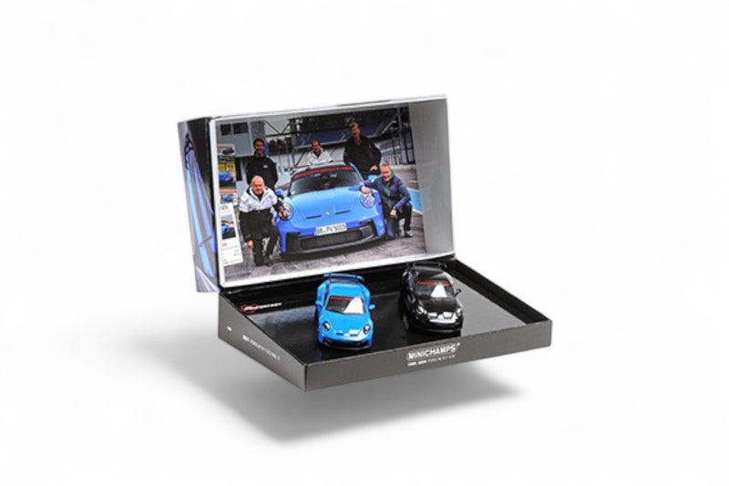 Load image into Gallery viewer, Porsche 911 (992) GT3 – 2021 - 2 CAR SET – BLUE/BLACK ‼️LIMITED EDITION 525 pieces‼️ MINICHAMPS 1:43
