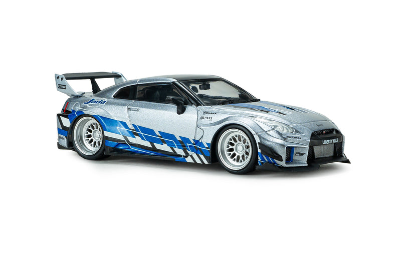 Load image into Gallery viewer, NISSAN GT-R (R35) LIBERTY WALK SILHOUETTE 2020 SILVER AND BLUE STRIPES SOLIDO 1:43
