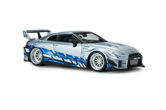 NISSAN GT-R (R35) LIBERTY WALK SILHOUETTE 2020 SILVER AND BLUE STRIPES SOLIDO 1:43