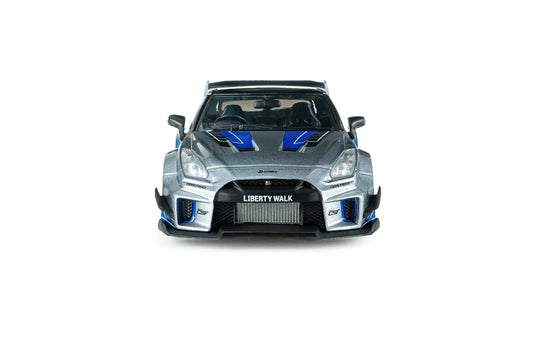 NISSAN GT-R (R35) LIBERTY WALK SILHOUETTE 2020 SILVER AND BLUE STRIPES SOLIDO 1:43