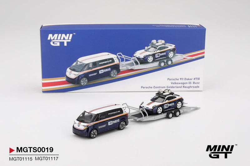Chargez l'image dans la visionneuse de la galerie, SET PORSCHE 911 DAKAR #718 + VOLKSWAGEN ID. BUZZ PORSCHE CENTRUM GELDERLAND ROUGHROADS 2025 MINI GT 1:64
