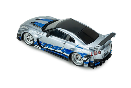 NISSAN GT-R (R35) LIBERTY WALK SILHOUETTE 2020 SILVER AND BLUE STRIPES SOLIDO 1:43