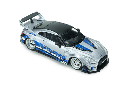 NISSAN GT-R (R35) LIBERTY WALK SILHOUETTE 2020 SILVER AND BLUE STRIPES SOLIDO 1:43