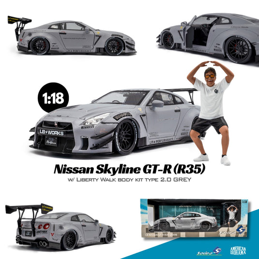 ‼️LIMITED EDITION‼️ Nissan GT-R (R35) W/ LIBERTY WALK BODY KIT TYPE 2.0 GREY 2024 + FIGURE SOLIDO 1:18