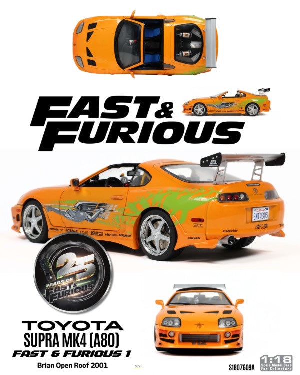 Laad de afbeelding in de Gallery-viewer, TOYOTA SUPRA MK4 (A80) FAST&amp;FURIOUS 1 BRIAN OPEN DAK 2001 SOLIDO 1:18
