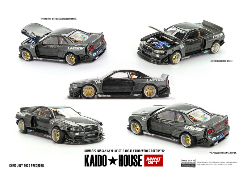 Load image into Gallery viewer, Nissan SKYLINE GT-R (R34) KAIDO WORKS GREDDY V2 1999 MINI GT 1:64
