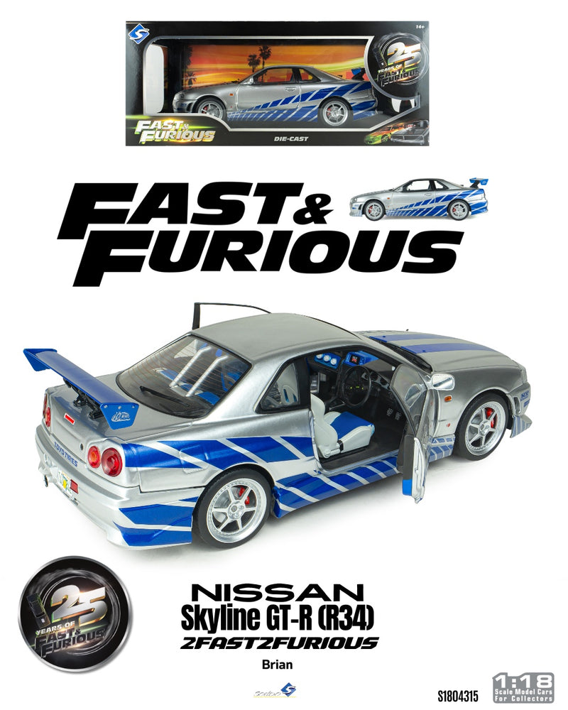 Load image into Gallery viewer, NISSAN SKYLINE GT-R (BNR34) 2FAST2FURIOUS BRIAN SOLIDO 1:18
