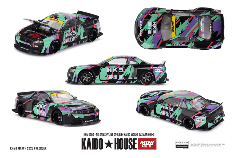Load image into Gallery viewer, NISSAN SKYLINE GTR (R34) KAIDO WORKS (V2 AERO) HKS 1999 MINI GT 1:64
