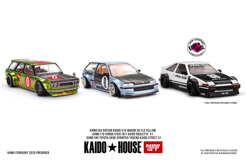 Load image into Gallery viewer, Datsun KAIDO 510 WAGON OG FLO YELLOW 1969 MINI GT 1:64
