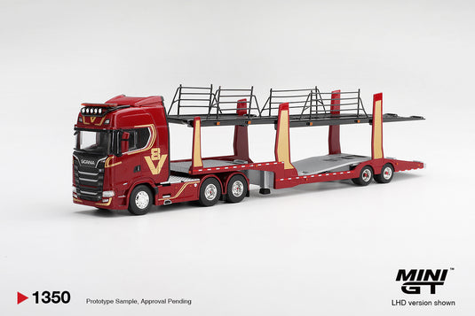 SCANIA 770S A6X4NA CAMION PORTE-VOITURES V8 50E ANNIVERSAIRE + PORTE-VOITURES ROUGE