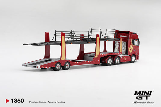 SCANIA 770S A6X4NA CAMION PORTE-VOITURES V8 50E ANNIVERSAIRE + PORTE-VOITURES ROUGE