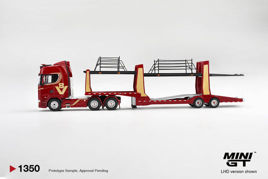 SCANIA 770S A6X4NA CAMION PORTE-VOITURES V8 50E ANNIVERSAIRE + PORTE-VOITURES ROUGE