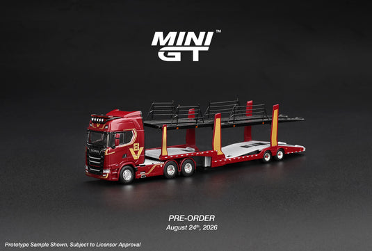 SCANIA 770S A6X4NA CAMION PORTE-VOITURES V8 50E ANNIVERSAIRE + PORTE-VOITURES ROUGE