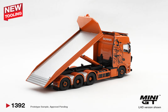 SCANIA 770S B8X4NA HOOKLIFT FLATBED ORANGE 2025 MINI GT 1:64