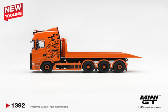 SCANIA 770S B8X4NA HOOKLIFT FLATBED ORANGE 2025 MINI GT 1:64