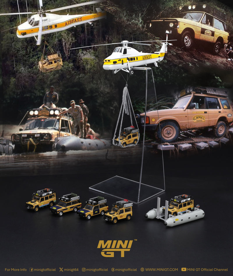 Chargez l'image dans la visionneuse de la galerie, LAND ROVER DEFENDER 90 ÉQUIPE CAMEL TROPHY JAPON CAMEL TROPHY BORNEO 1985 MINI GT 1:64
