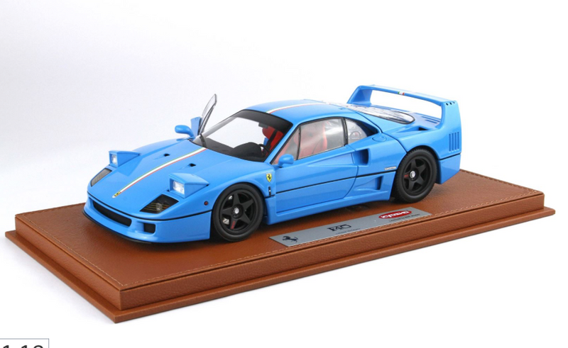 Load image into Gallery viewer, Ferrari F40 Light Blue With Italian Flag Stripe And Black Rims BBR-Kyosho with display case (LIMITED EDITION 40/54 pieces) BBR Models 1:18
