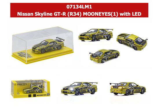NISSAN SKYLINE GT-R (R34) MOONEYES 1 WITH LED 2026 + MOTN LED BASE SYSTEM BLACK 2025 KYOSHO 1:64
