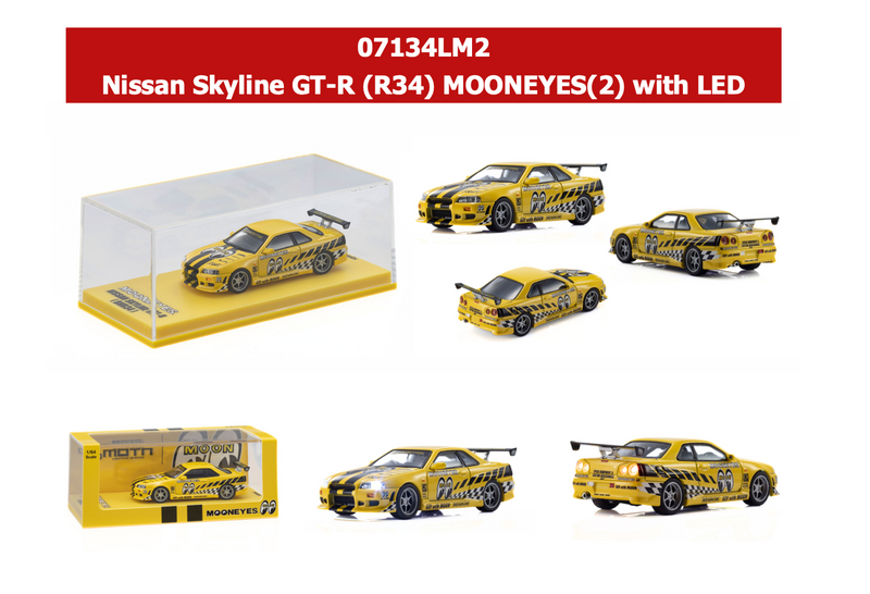 Load image into Gallery viewer, NISSAN SKYLINE GT-R (R34) MOONEYES 2 WITH LED 2026  + MOTN LED BASE SYSTEM BLACK 2025 KYOSHO 1:64
