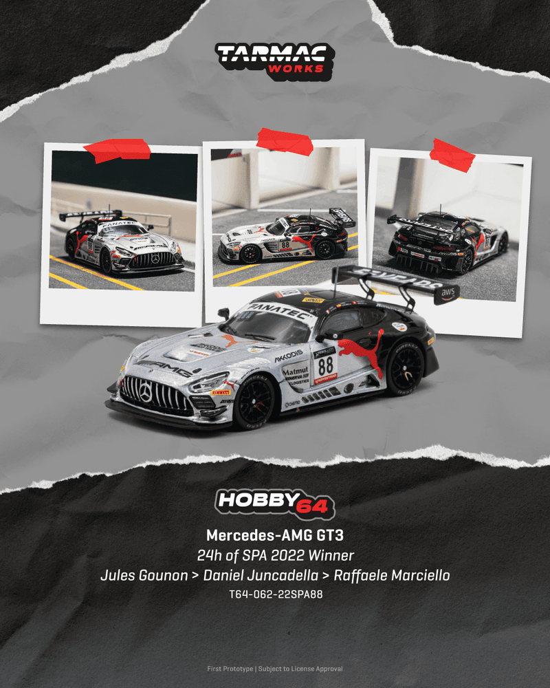 Chargez l'image dans la visionneuse de la galerie, MERCEDES-BENZ AMG GT GT3 #88 JULES GOUNON 24H OF SPA WINNER 2022 TARMAC WORKS 1:64
