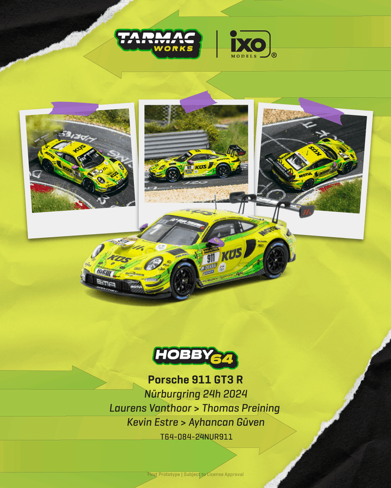 Load image into Gallery viewer, PORSCHE 911 (992) GT3 R #911 LAURENS VANTHOOR NURBURGRING 24H 2024 TARMAC WORKS 1:64
